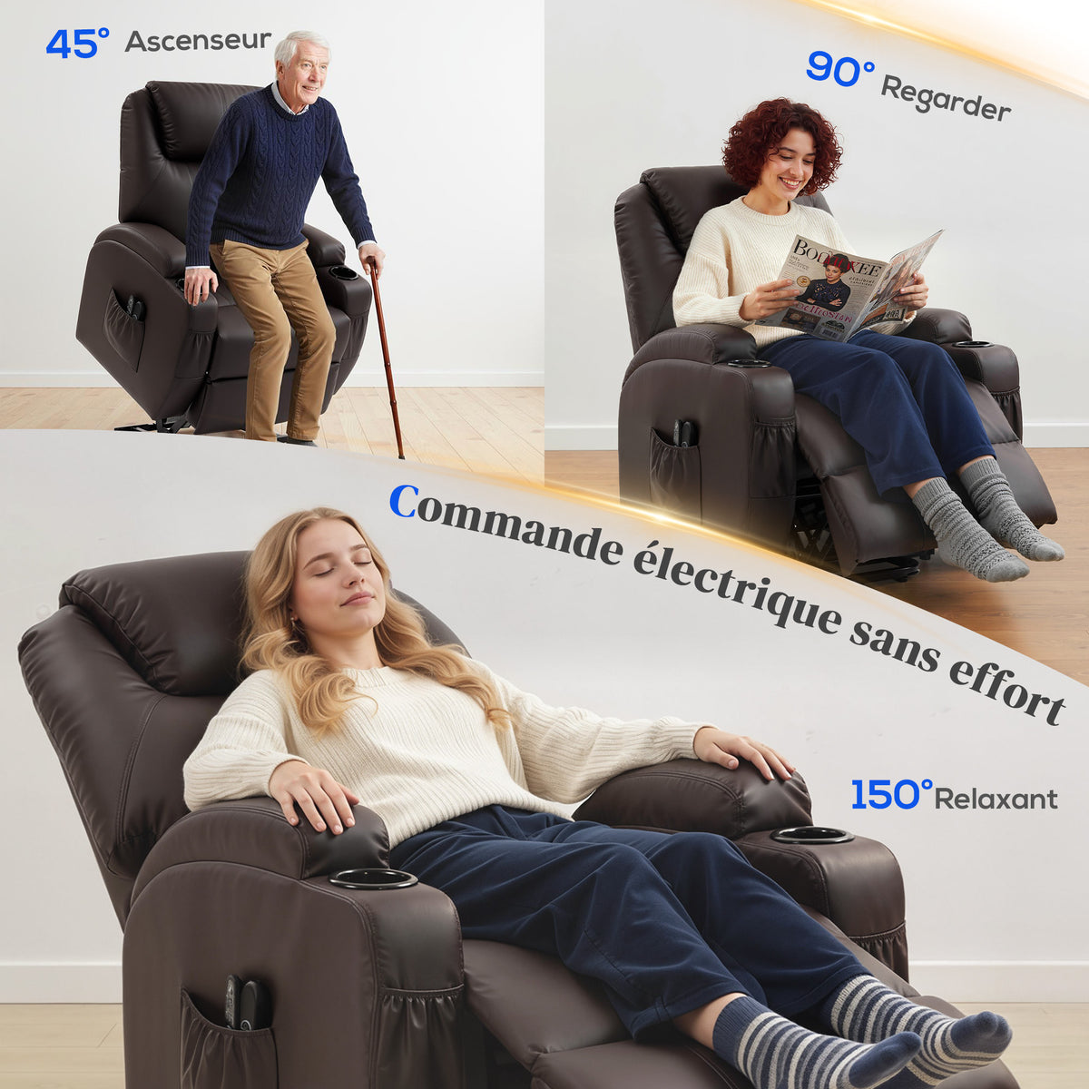 Fauteuil releveur électrique, fauteuil relax électrique, repose-pied, dossier inclinable, port USB, 83x95x107cm, marron-3