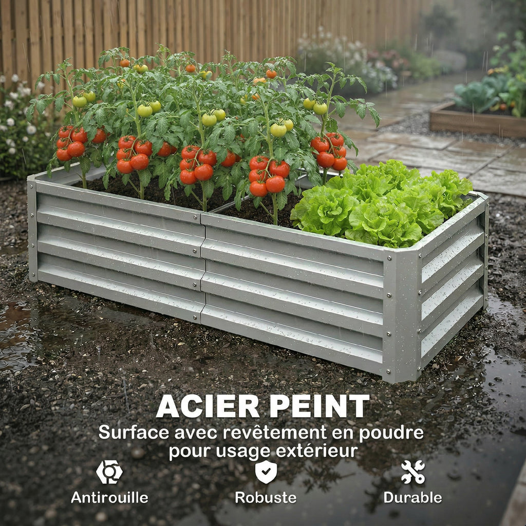 Carré potager de jardin rectangulaire tôle d'acier ondulée 120 x 60 x 30,5 cm argent-3