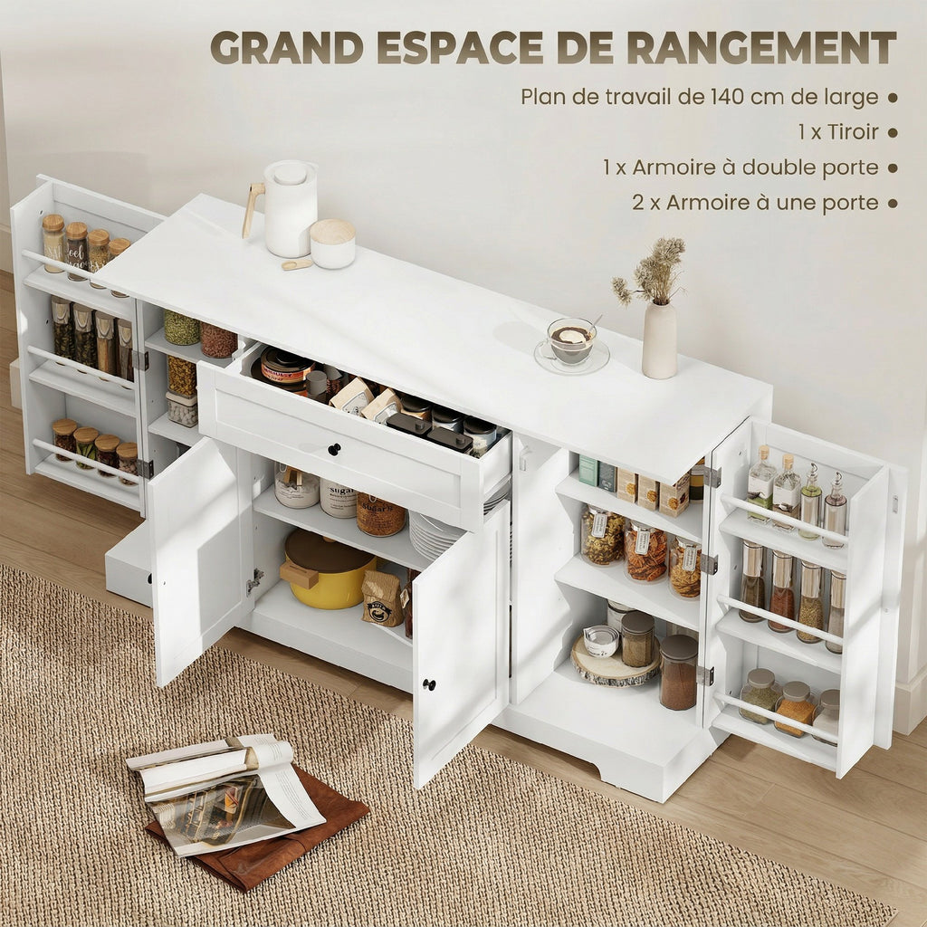 Buffet cuisine, meuble de rangement avec tiroir, 4 portes à fermeture douce, racks-porte et étagères réglables, blanc-3