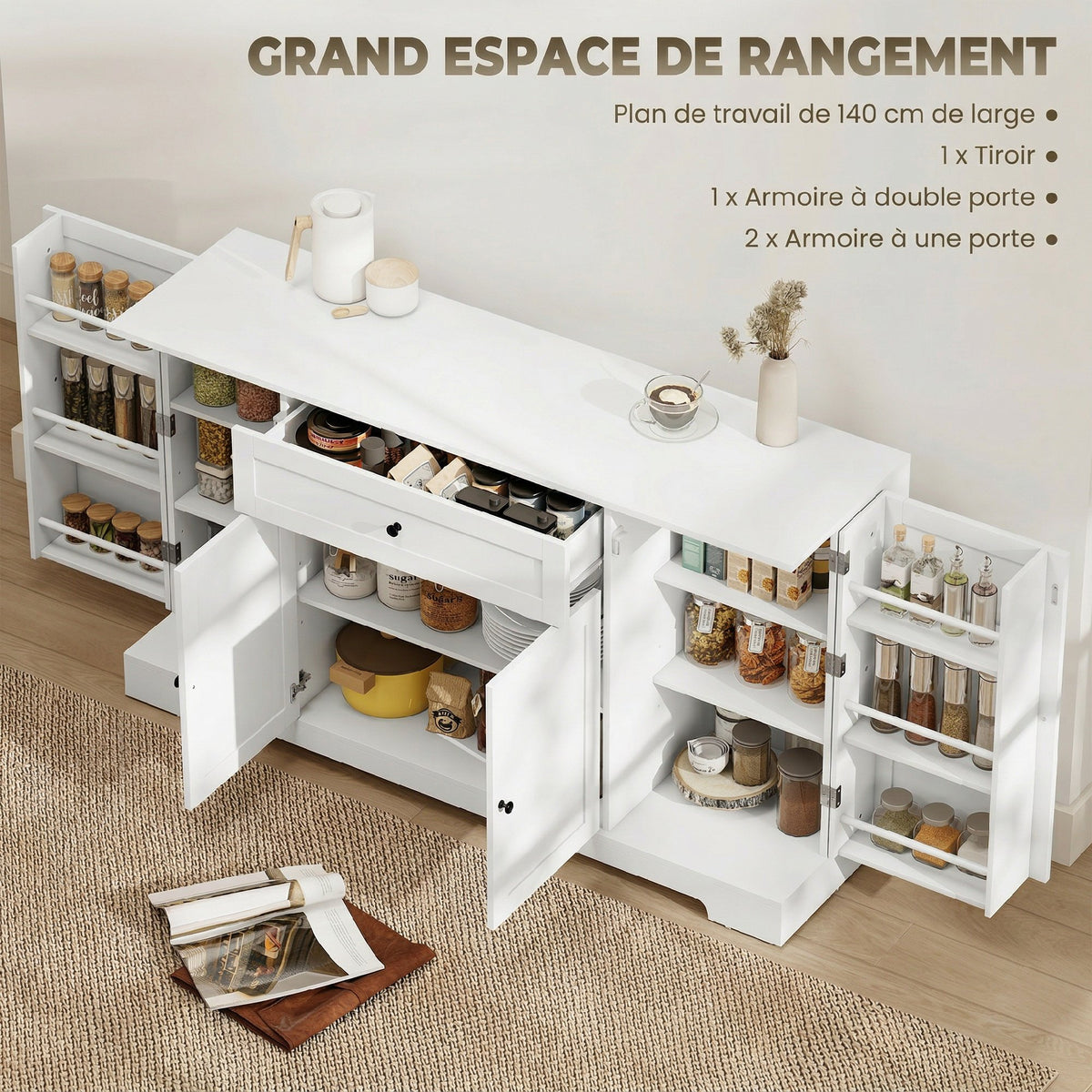 Buffet cuisine, meuble de rangement avec tiroir, 4 portes à fermeture douce, racks-porte et étagères réglables, blanc-3