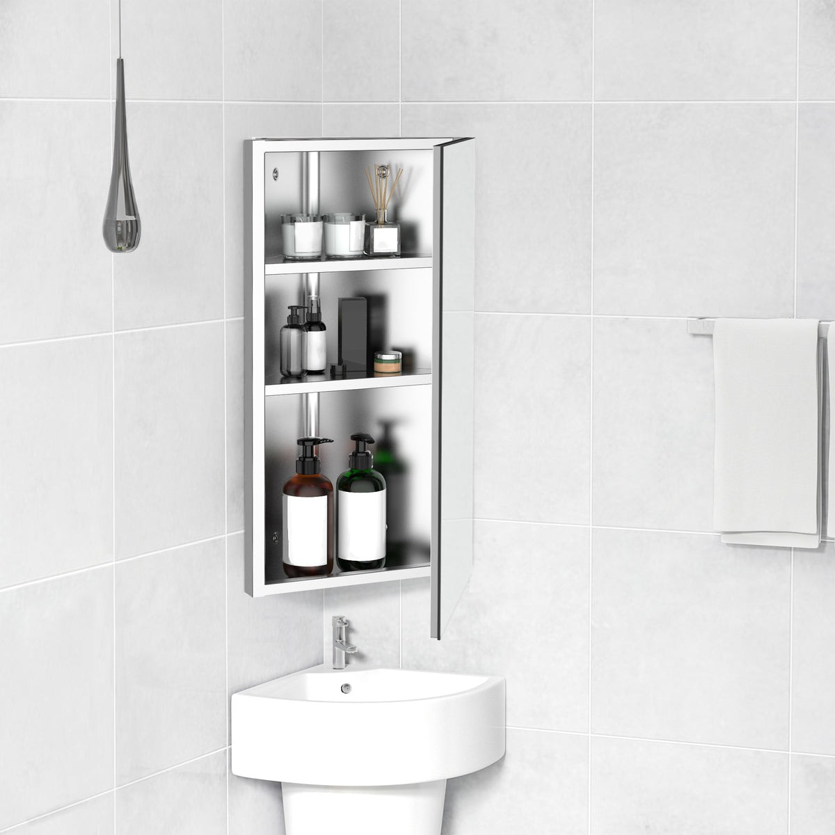 Armoire Miroir Salle de Bain Armoire de Toilette Murale Meuble d'angle 2 étagères dim. 30L x 18,4l x 60H cm Acier INOX.-9