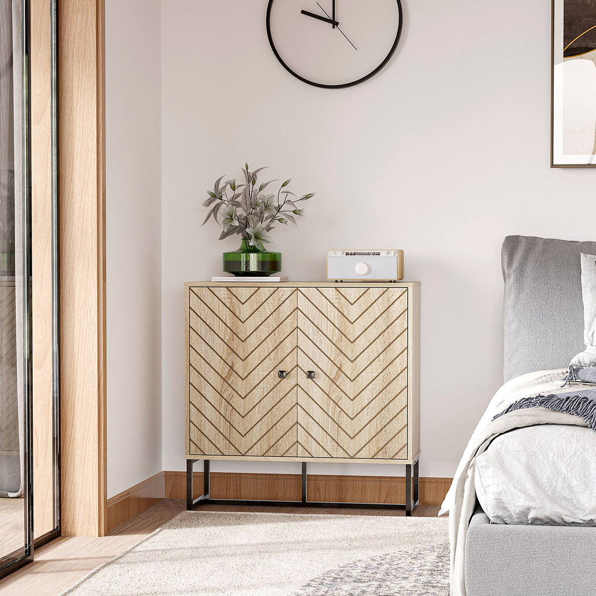 Buffet salon meuble de rangement armoire de cuisine avec placard portes et étagère réglable, motif Chevron, pied métal, style moderne buffet salle à manger et salon, 108 x 40 x 80 cm, chêne-9