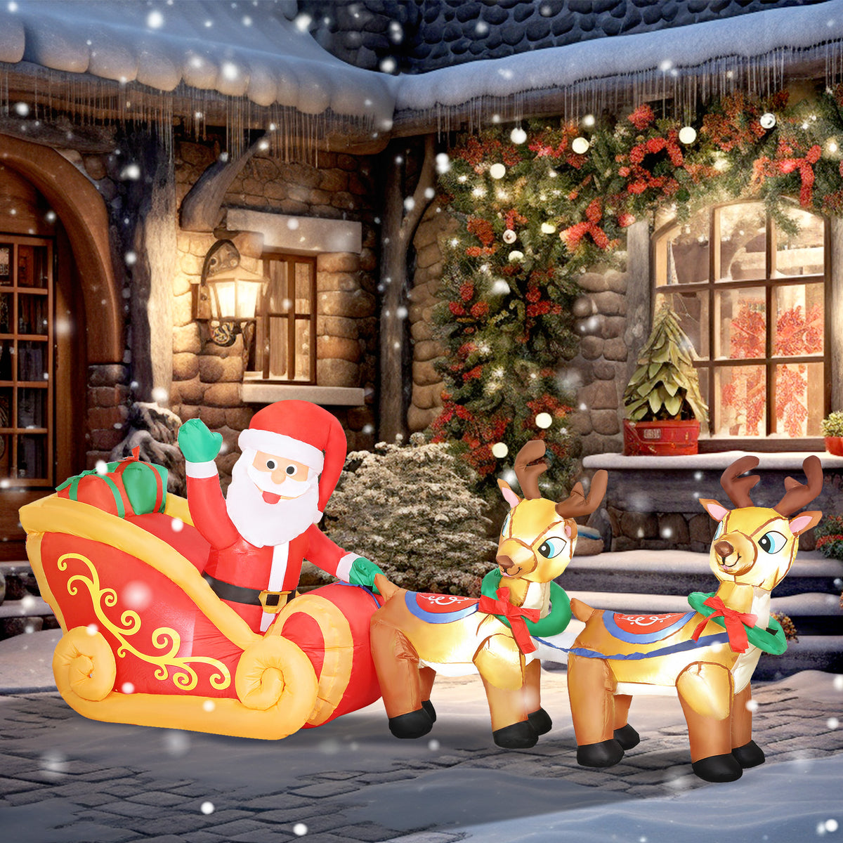 Babbo Natale gonfiabile con slitta e renne, 240 cm, 6 luci LED