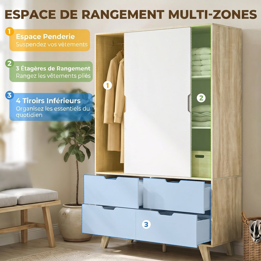 Armoire Chambre Penderie, 2 Portes Coulissantes, 4 Tiroirs, Barre de Suspension, Étagères Réglables, Chêne et Blanc-3
