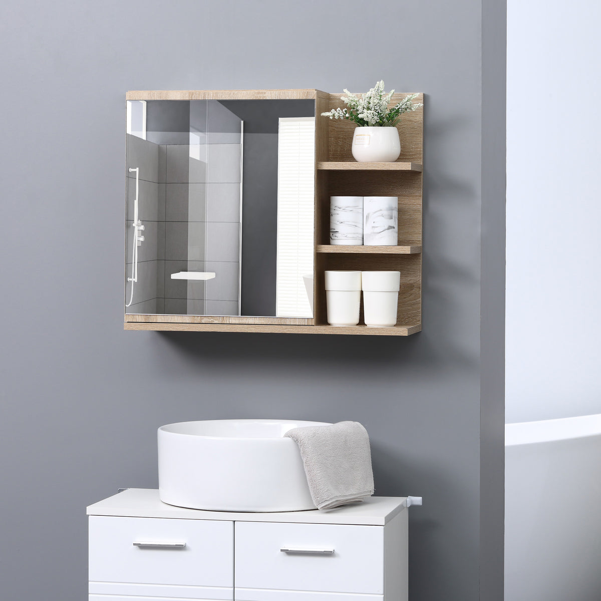 Armoire Miroir de Salle de Bain avec étagère - 3 étagères latérales - kit Installation Murale fourni - Panneaux Particules Aspect chêne Clair-1