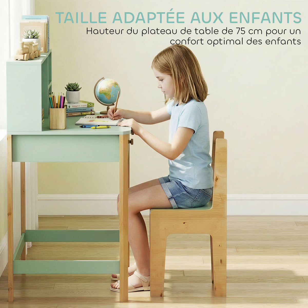 Bureau enfant en bois, bureau avec rangement, 2 tiroirs et 3 compartiments ouverts, plateau large, 90x52x105cm, vert-5