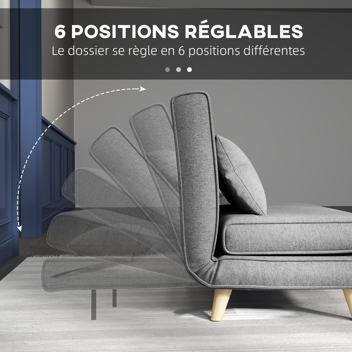 Fauteuil convertible 1 place, fauteuil-lit chauffeuse 3 en 1, dossier réglable, oreiller, tissu en lin, 94x78x80cm, gris-6