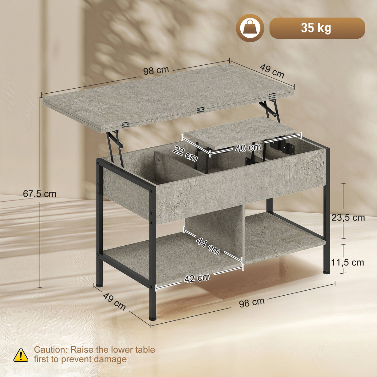 Table basse relevable et extensible, table de salon avec compartiment caché étagères ouvertes, 98x49x55cm, gris-2