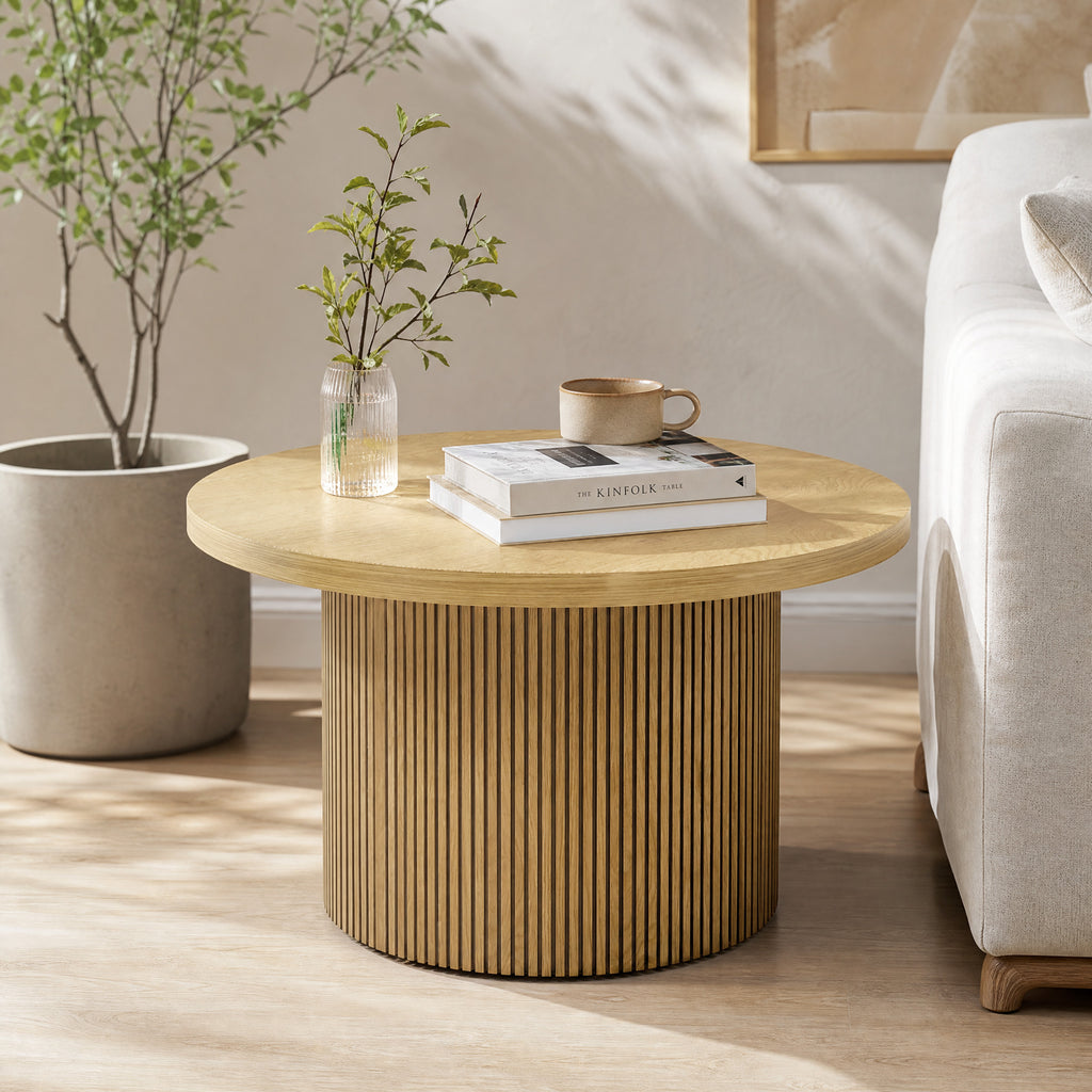Table basse ronde en bois, table de salon avec piètement cannelé, style moderne, effet bois naturel-7