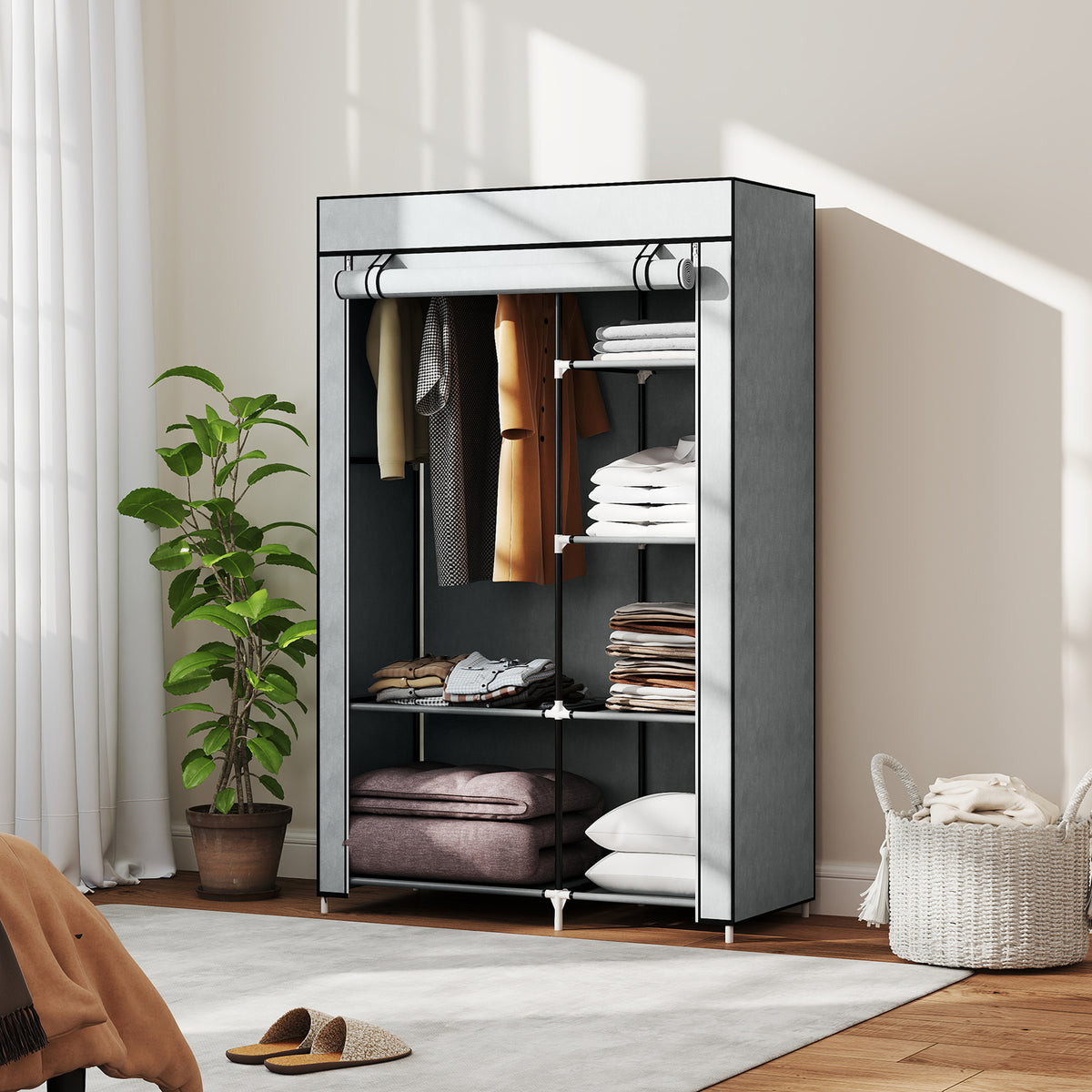 Armoire penderie multi-rangement - 6 étagères, 1 barre - non tissé gris clair-1
