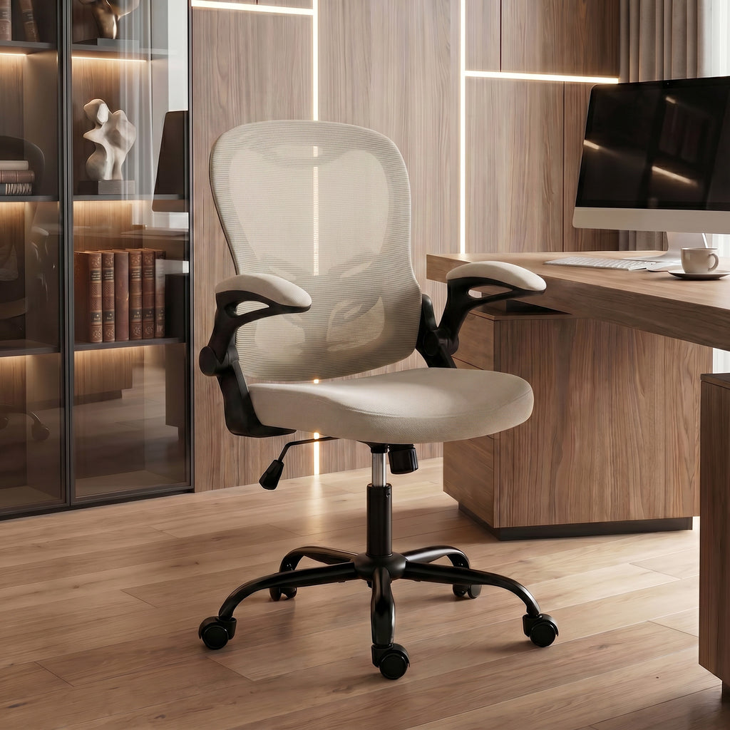 Chaise Bureau Ergonomique, Fauteuil de Bureau Maille, Accoudoirs Relevables, Hauteur Réglable, Fonction Bascule, Beige-8