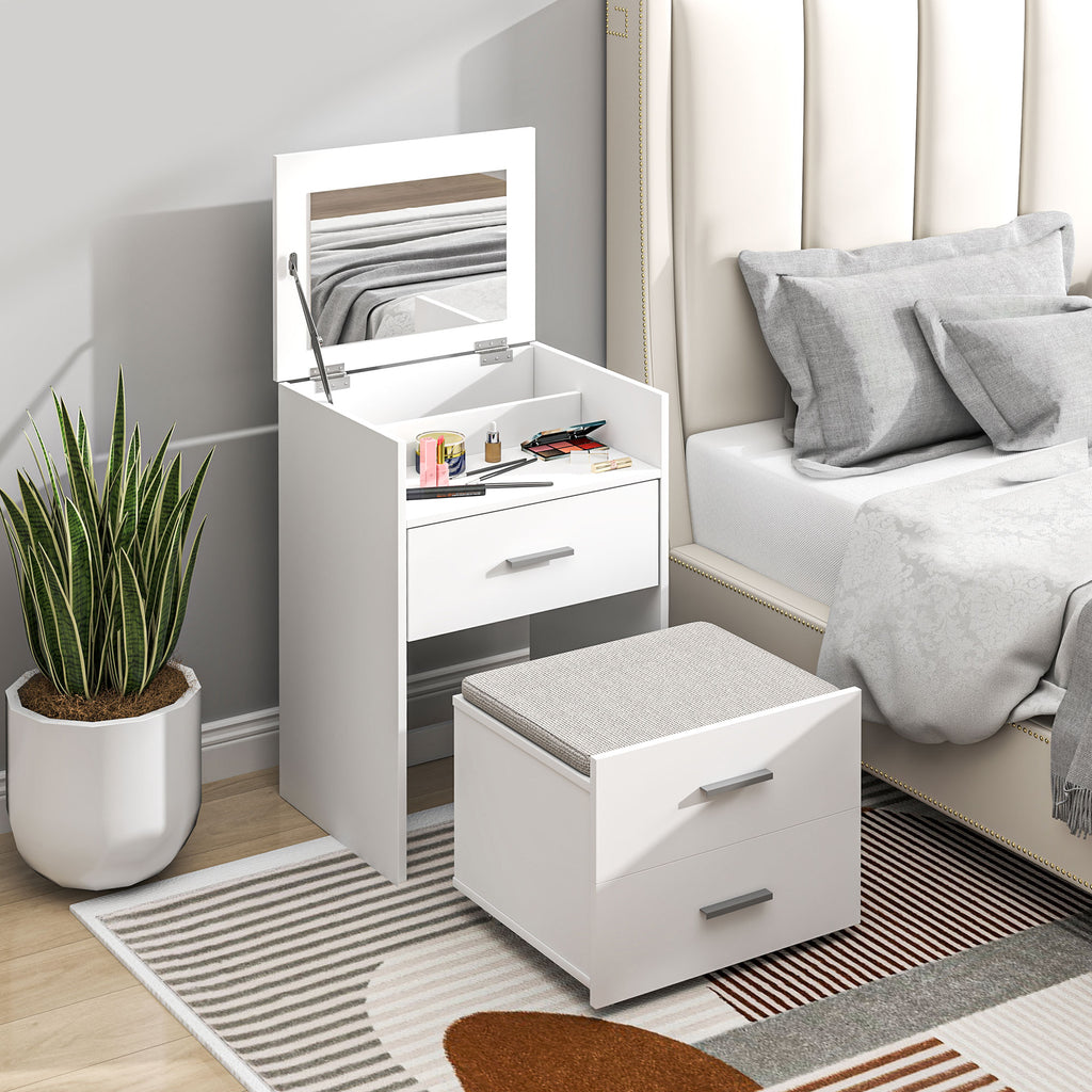 Coiffeuse avec miroir relevable et tabouret à roulettes, table de maquillage avec 2 tiroirs, coussin amovible, blanc-1