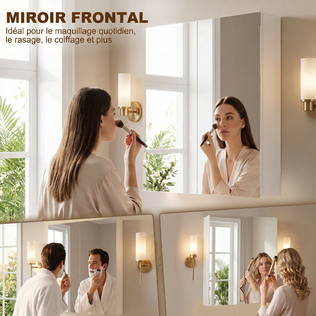 Armoire avec Miroir en Bois Rangement Salle de Bain Fermeture Porte Tampon MDF-5