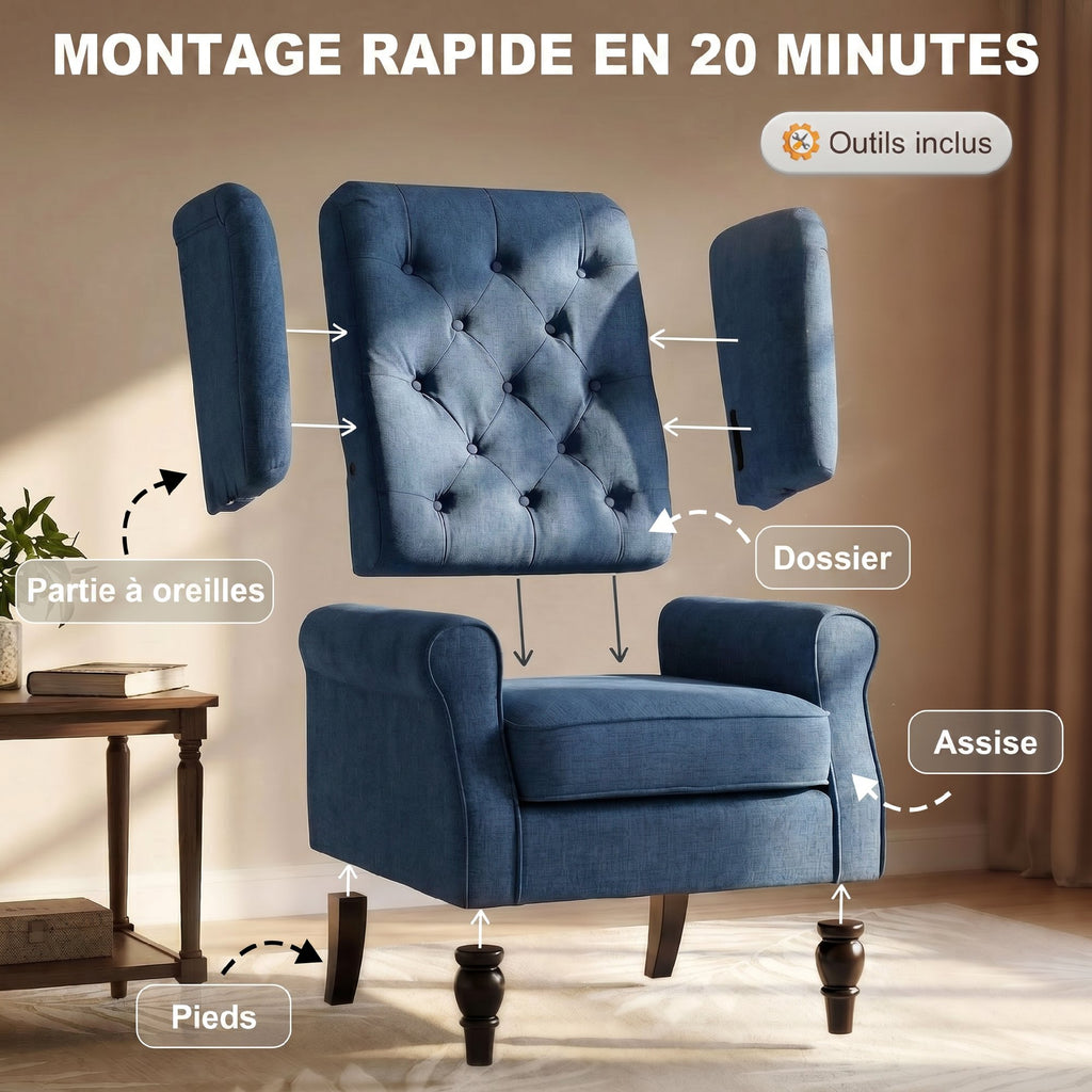 Fauteuil de Salon, Fauteuil Capitonné avec Pieds en Bois, Assise Large, Grand Confort, Classique, 74x86x102cm, Bleu-6