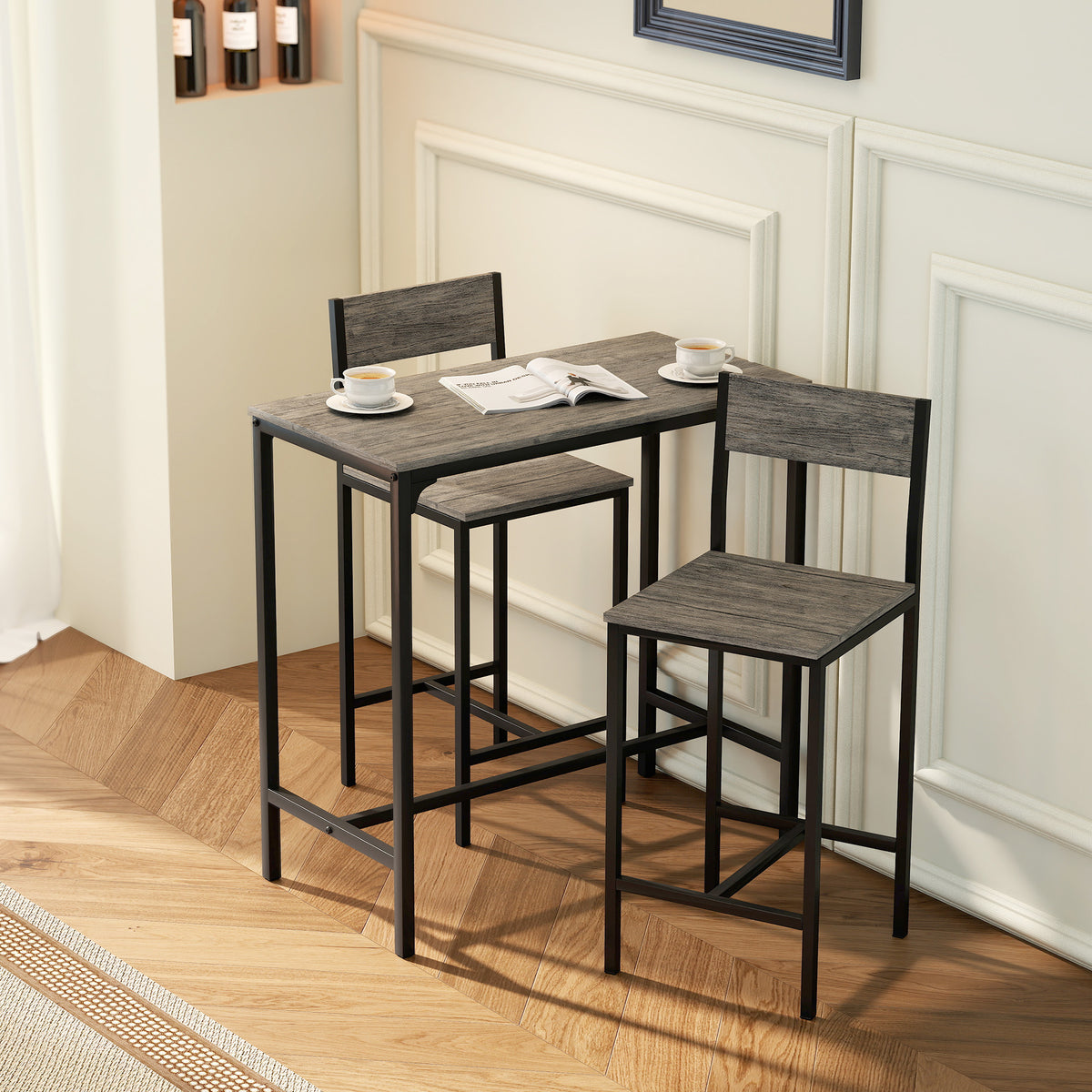 Ensemble table de bar avec tabourets, table à manger debout avec 2 chaises de bar, repose-pieds et dossiers, gris-1