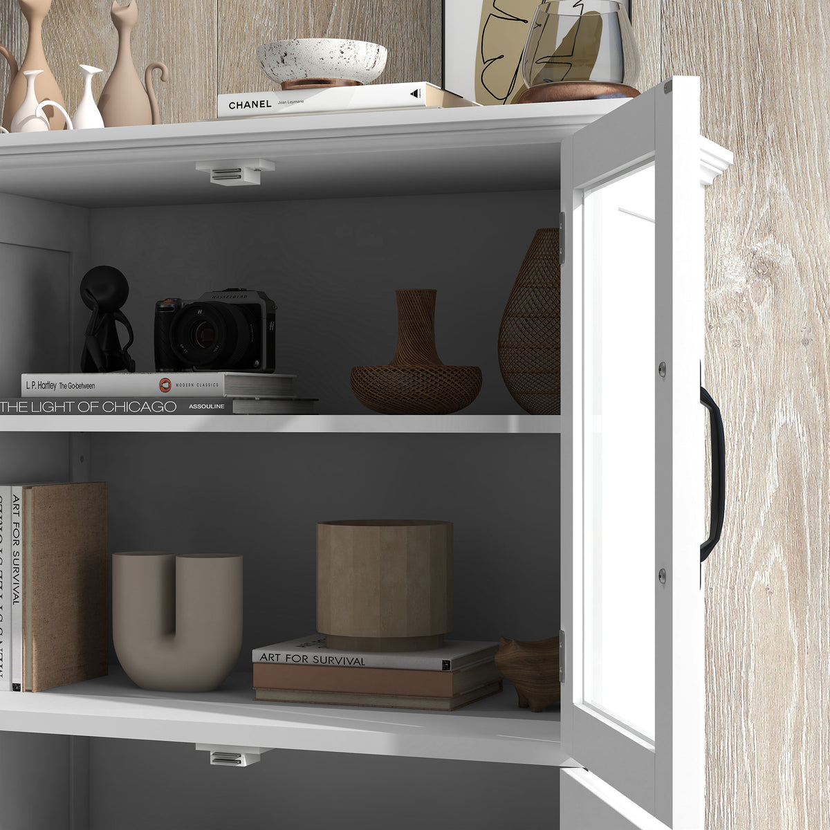 Buffet de cuisine armoire multi-rangements 2 placards, portes en verre, 4 étagères en bois blanc-7