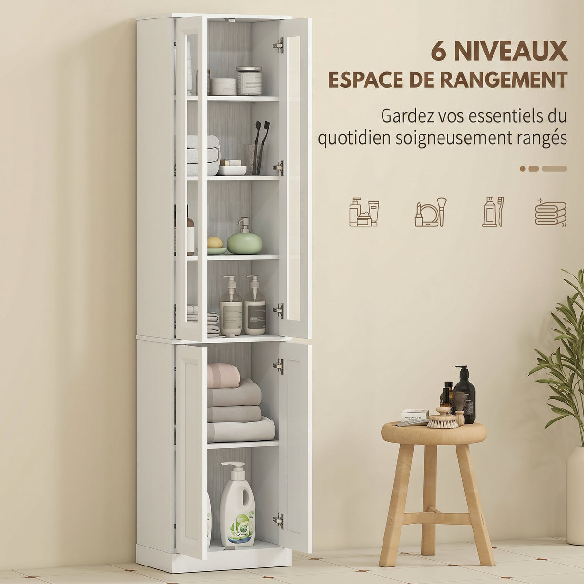 Meuble de Salle de Bain 6 niveaux, Meuble de Rangement avec 4 Portes à Fermeture Douce et Étagères Réglables, Blanc-3