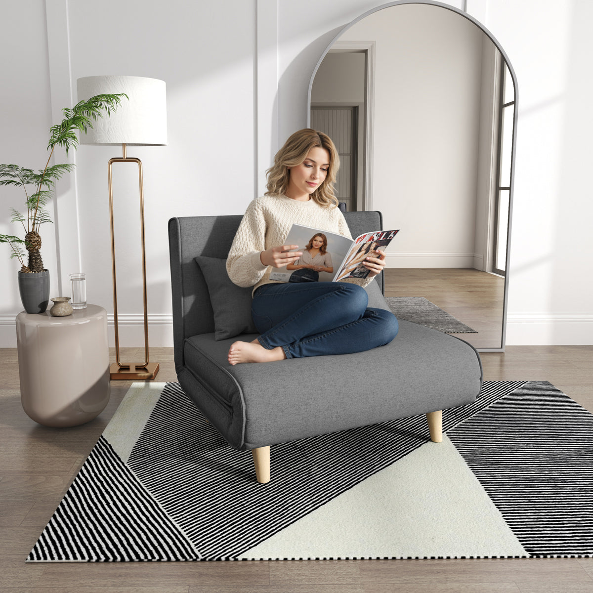 Fauteuil convertible 1 place, fauteuil-lit chauffeuse 3 en 1, dossier réglable, oreiller, tissu en lin, 94x78x80cm, gris-1
