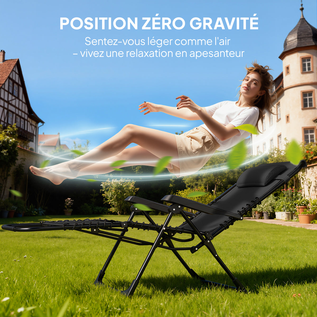 Lot de 2 chaise longue pliable et inclinable avec table d'appoint, porte-gobelets et appuie-têtes, charge 120 kg, noir-3