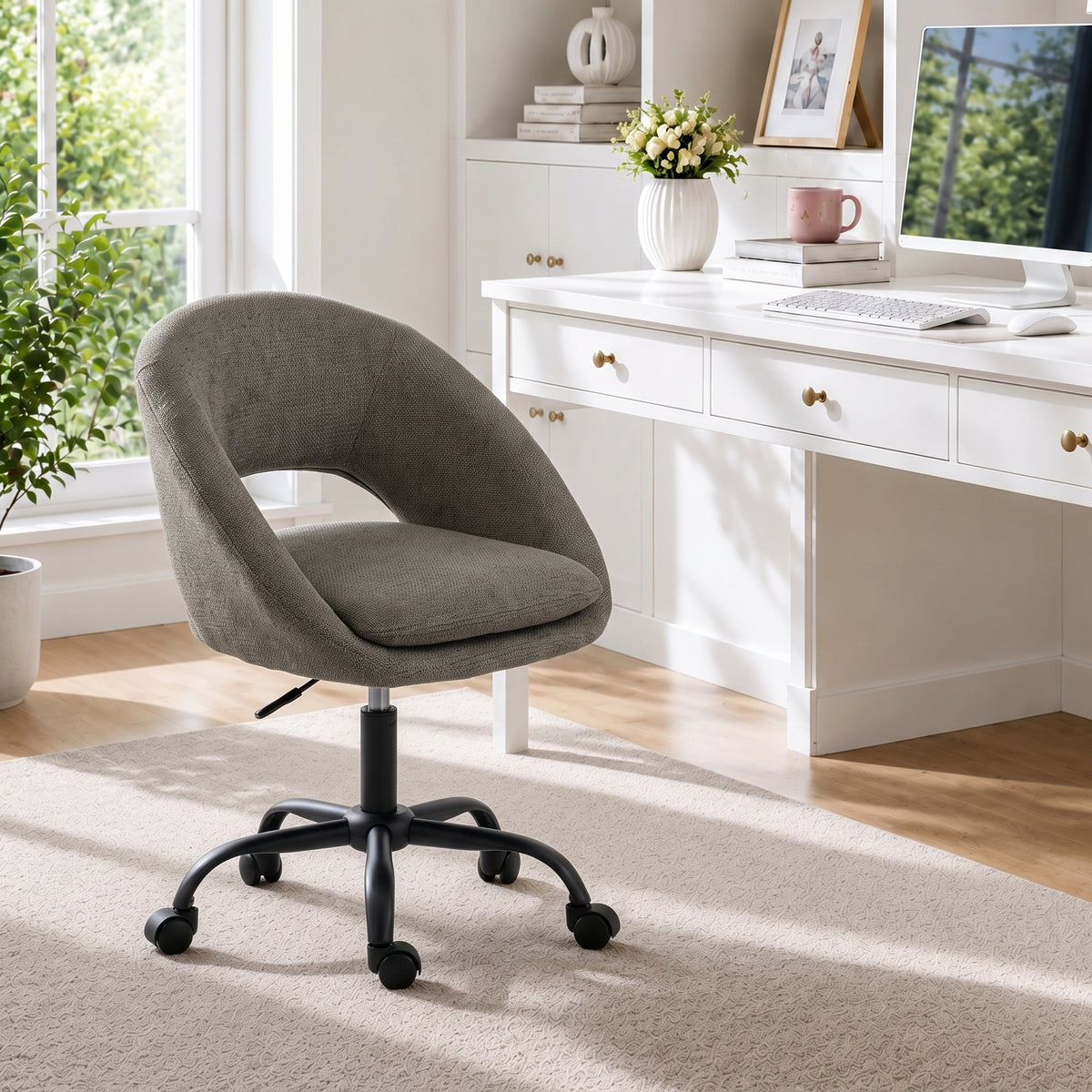 Chaise Bureau Ergonomique en Chenille, Hauteur Réglable, Accoudoirs Intégrés, Pivotant 360°, 59x60x79-89cm, Vert Foncé-1