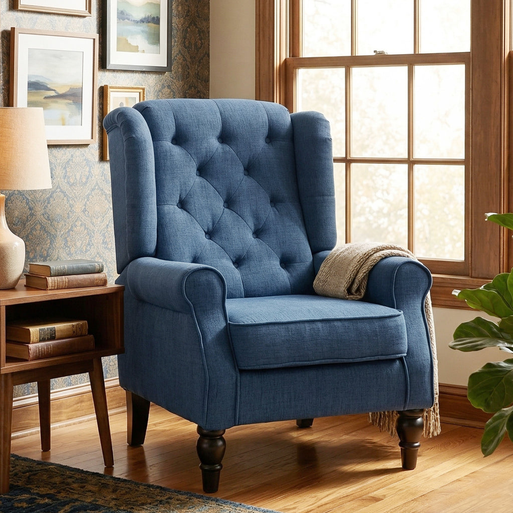 Fauteuil de Salon, Fauteuil Capitonné avec Pieds en Bois, Assise Large, Grand Confort, Classique, 74x86x102cm, Bleu-7