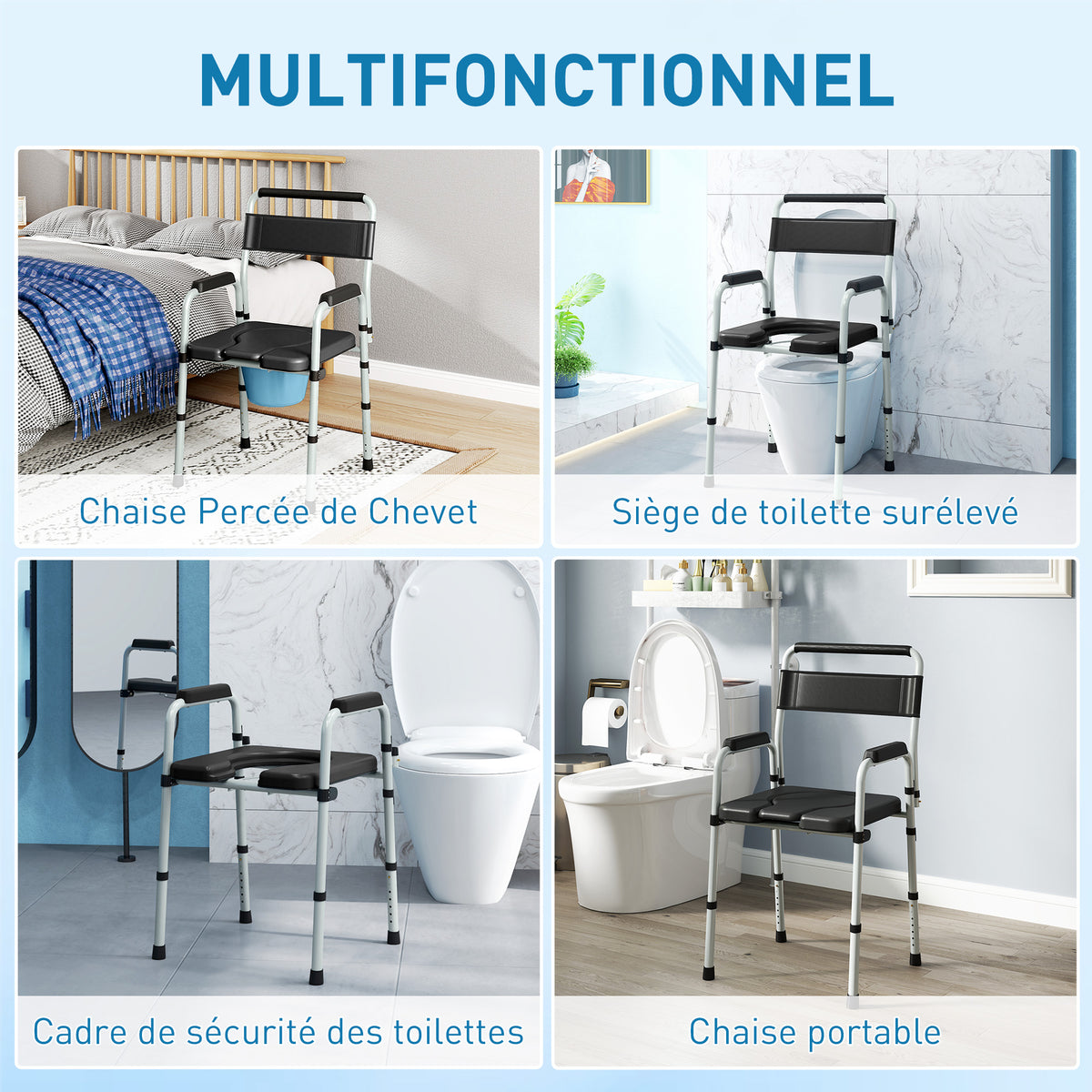 Chaise percée toilette pliable antidérapante hauteur réglable, siège et accoudoirs rembourrés, charge 150 kg, noir-3
