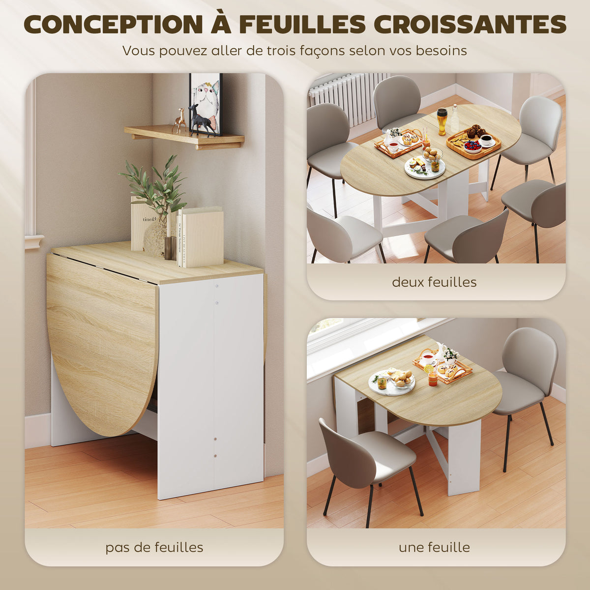 Table à manger pliante, table pliante cuisine ovale jusqu'à 6 personnes, pour petits espaces, salle à manger, bois naturel-3