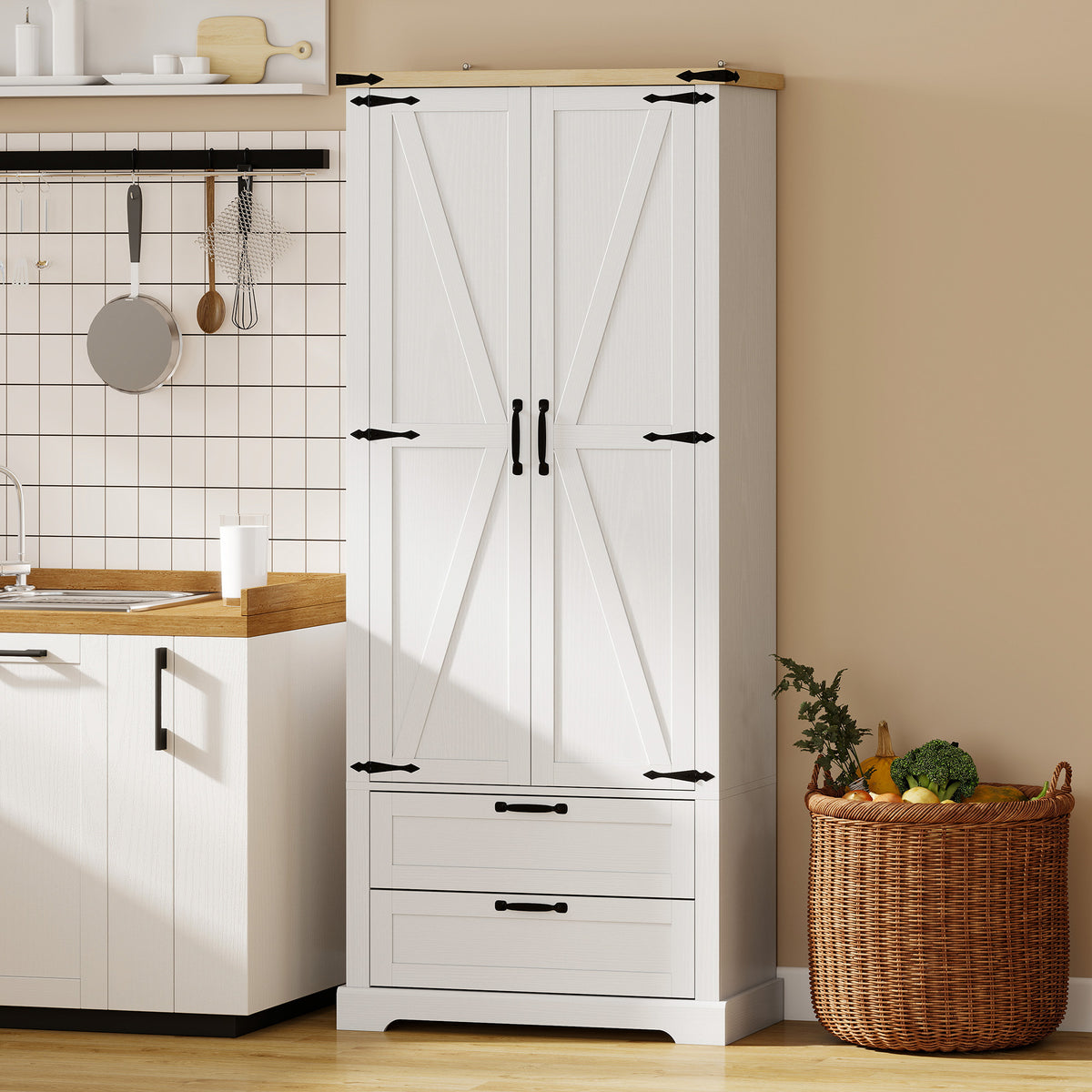 Buffet haut cuisine, armoire de cuisine avec 2 portes, 2 tiroirs, étagères réglables, style rustique, 76x40x180cm, blanc-9