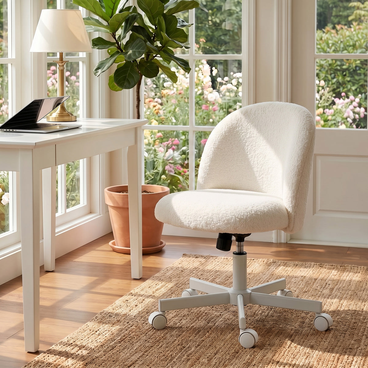 Chaise de Bureau Ergonomique, Fauteuil de Bureau Inclinable en Tissu Bouclette Sans Accoudoirs, Hauteur Réglable, Crème-8