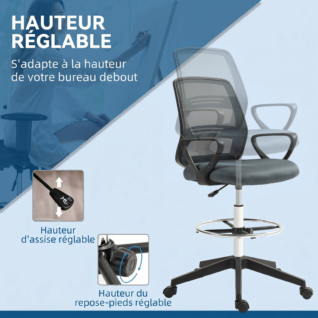 Fauteuil de bureau chaise de bureau assise haute réglable tabouret de bureau pivotant 360° maille respirante-5