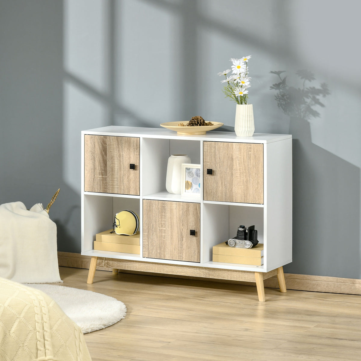 Buffet Salon, Meuble de Rangement 9 Cubes avec 3 Portes et 3 Compartiments Ouverts, Pieds en Bois de Pin, Style Moderne, Buffet Salle à Manger, Cuisine, 96x30x75cm, Blanc et Naturel-7