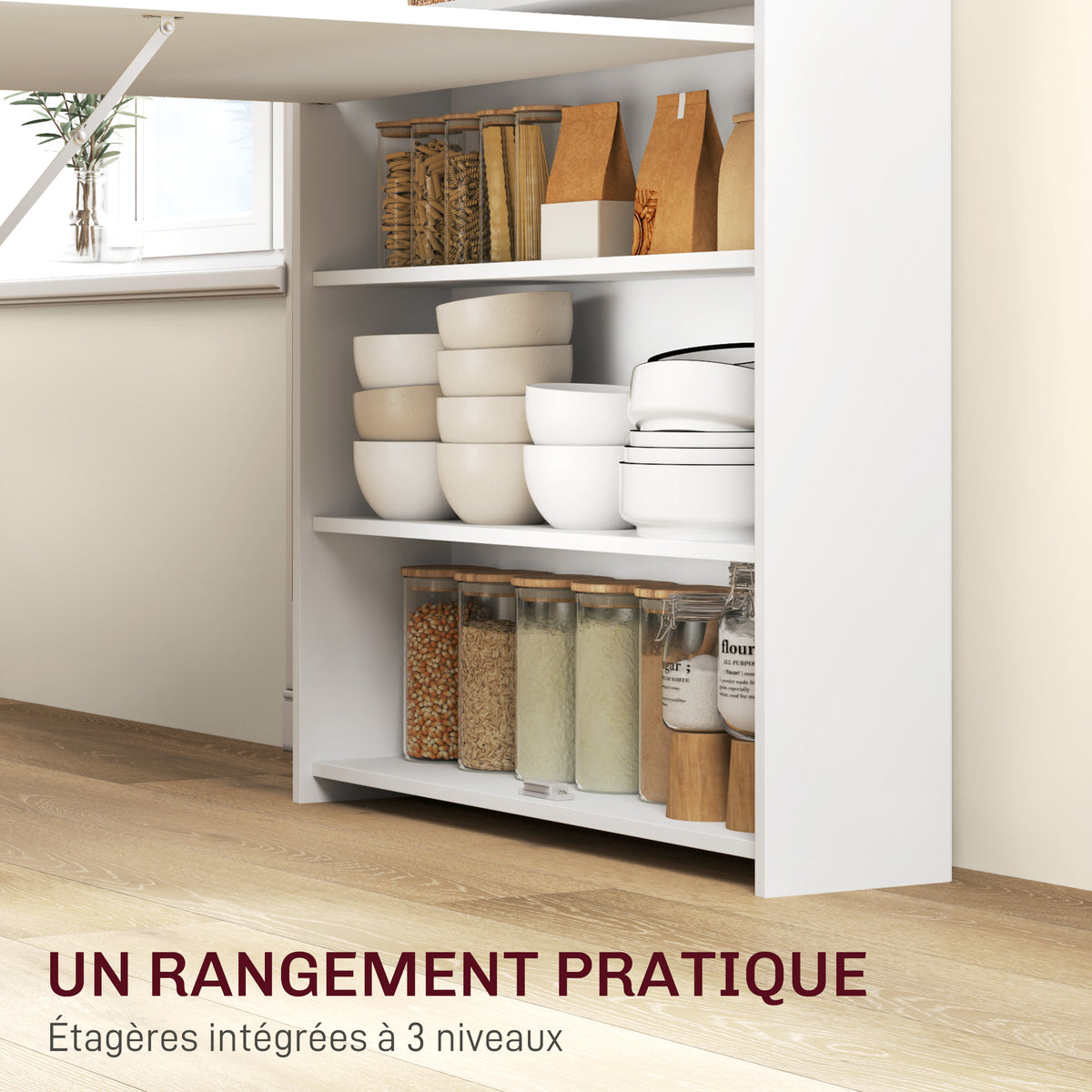 Table à manger pliante, table de cuisine pour 3 personnes, plateau à abattant et 4 étagères, 78,5x91x93cm, blanc-4