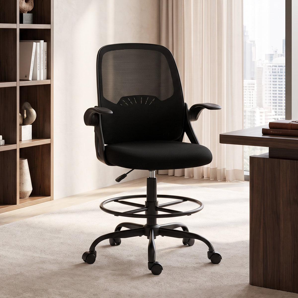 Chaise Bureau Ergonomique avec Soutien Lombaire Réglable, Chaise de Dessin en Maille, Accoudoirs Relevables, Noir-1