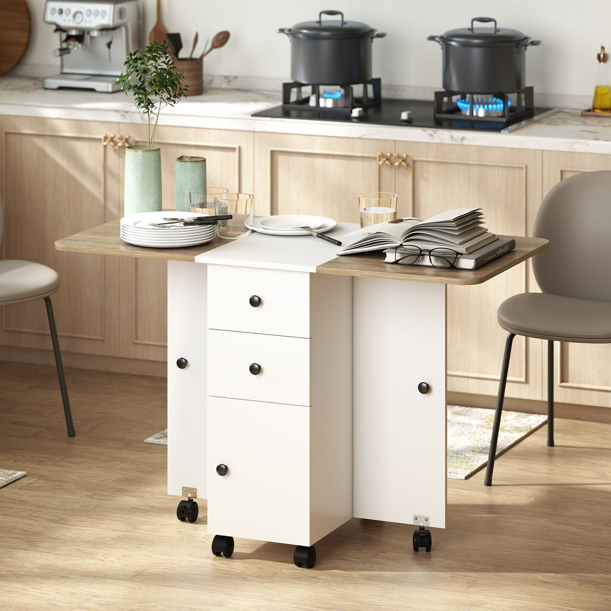 Table de cuisine pliable table à manger pliante 2 plateaux rabattables avec 2 tiroirs 1 placard blanc et chêne-1