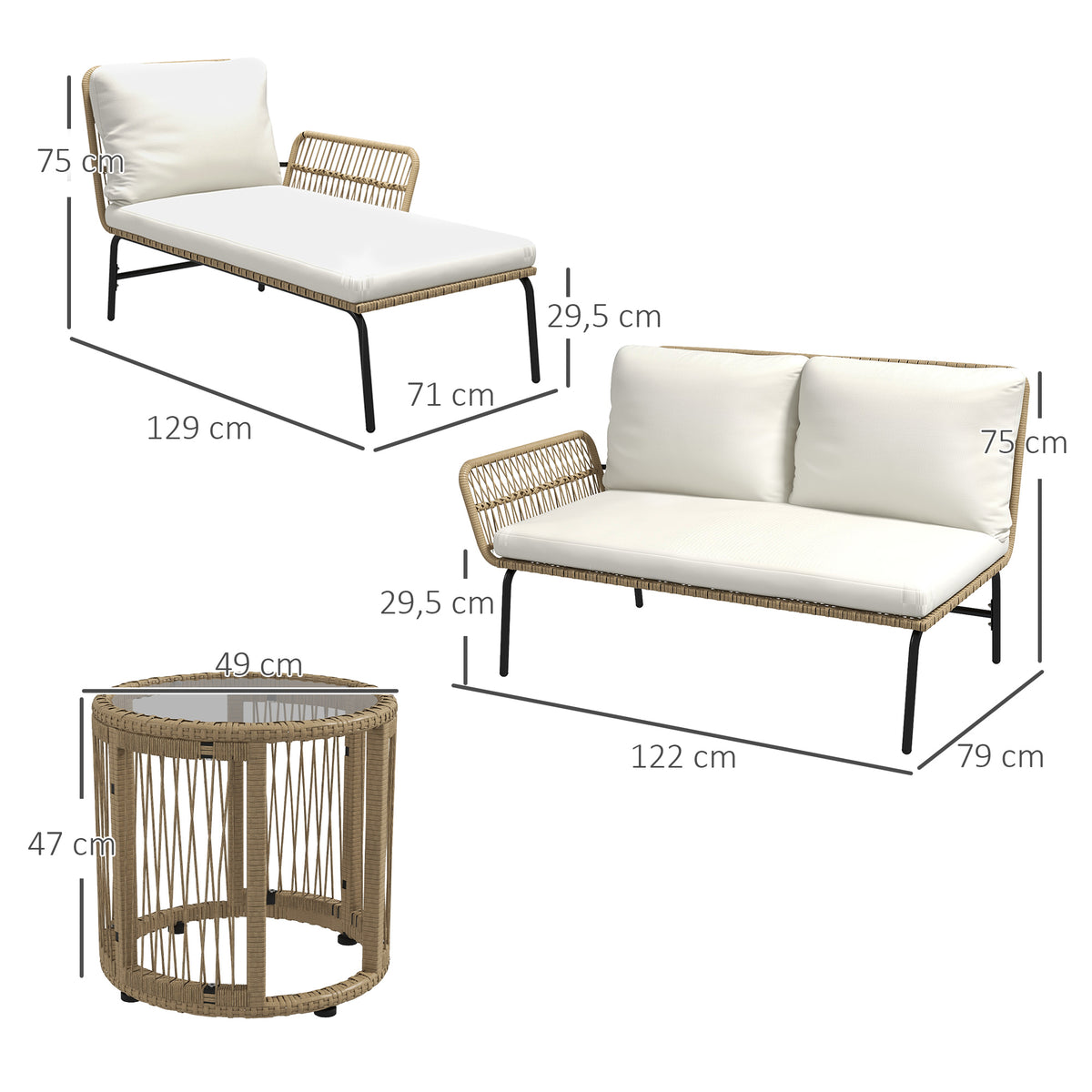 Salon de jardin extérieur d'angle 3 places en résine tressée avec canapés, chaise longue, table basse et coussins, crème-2