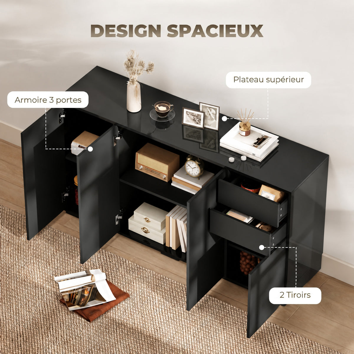 Buffet meuble de rangement 2 tiroirs coulissants 4 portes étagère réglable panneaux de particules 140 x 36 x 74 cm noir-3