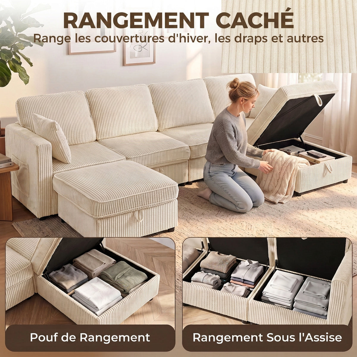Canapé 4 Places avec 2 Poufs de Rangement, Canapé d'Angle Modulable en U 306 cm en Velours Côtelé, 4 Coussins, Crème-5