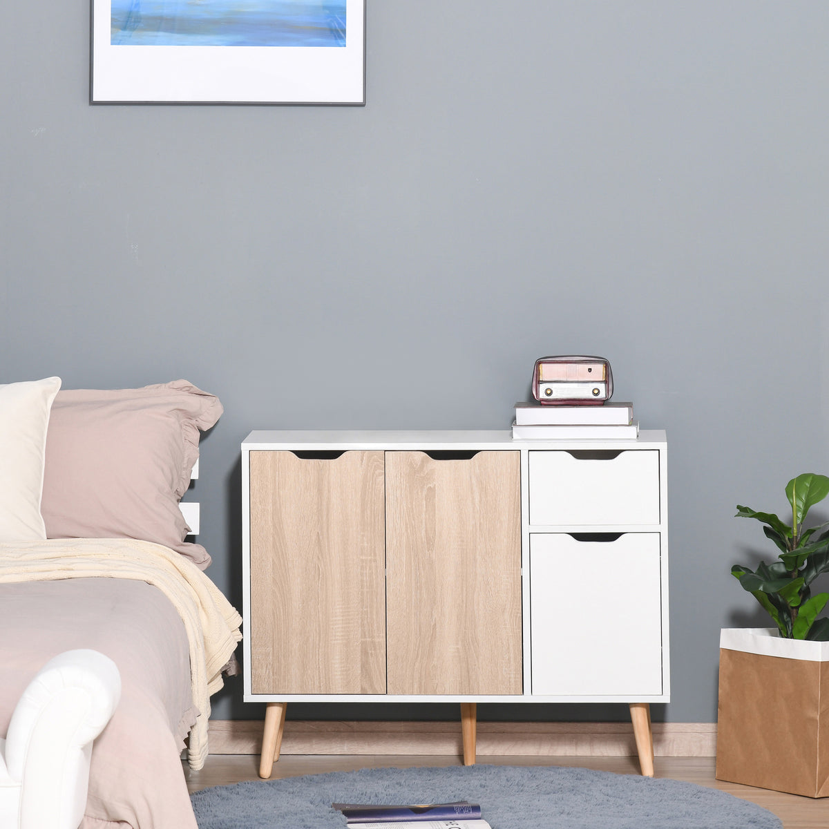 Buffet design scandinave 2 placards tiroir coulissant pieds bois massif pin panneaux particules blanc chêne clair-1