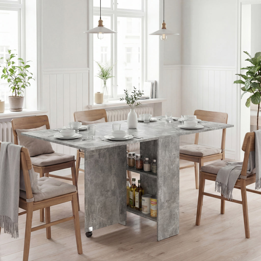 Tavolo pieghevole grigio aperto e apparecchiato, esempio di ambientazione in sala da pranzo