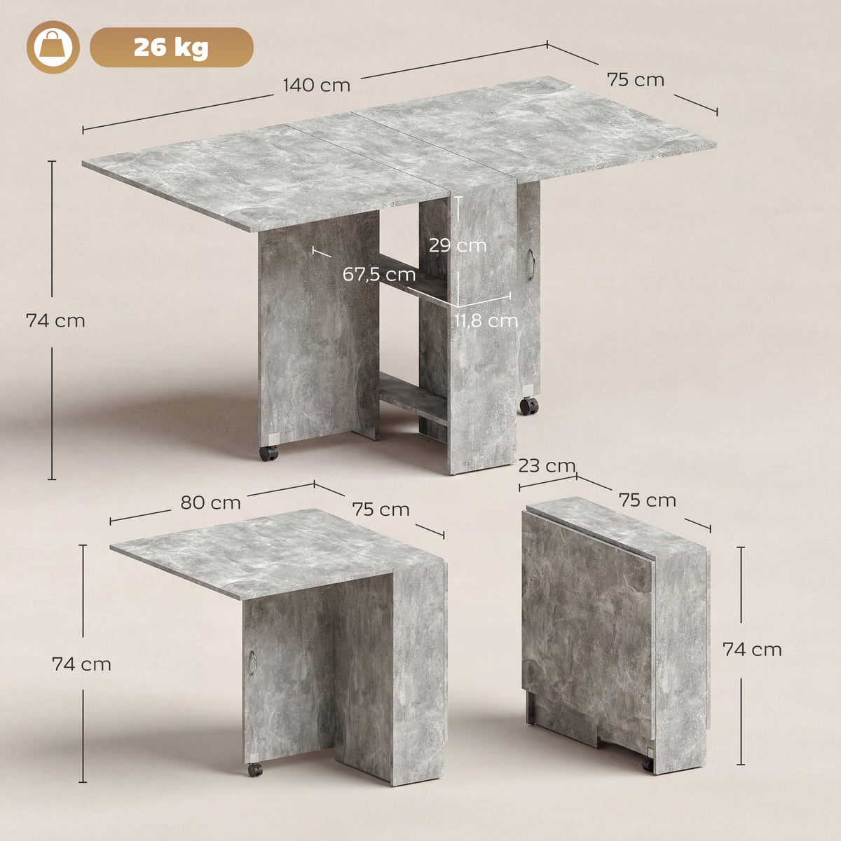 Schema delle dimensioni del tavolo pieghevole grigio aperto, parzialmente aperto e chiuso