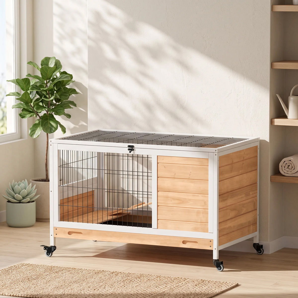 Clapier lapin intérieur clapier pour cochon d'inde en bois avec toit ouvrant et roulettes 90 x 53 x 59 cm jaune et blanc-8