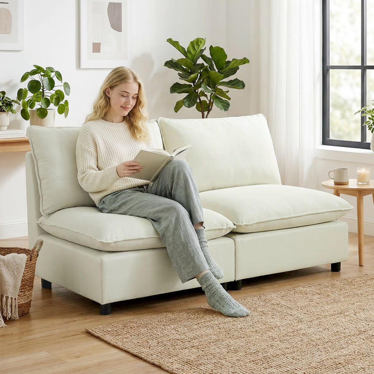 Canapé 2 places modulable, canapé de salon moderne 146 cm sans accoudoirs avec assise large, coussins épais, crème-9