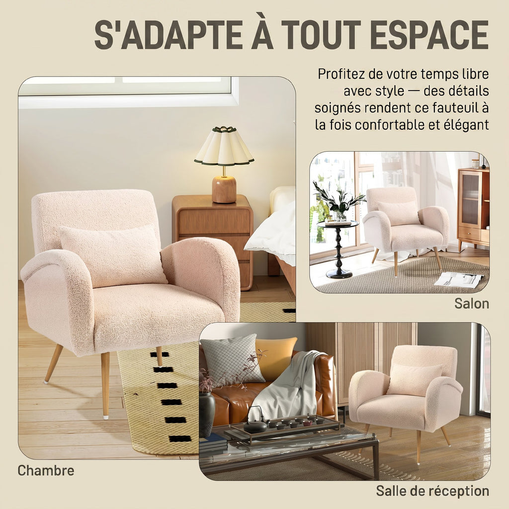 Fauteuil de salon en tissu Teddy, chaise rembourrée, assise large, coussin lombaire, pieds en métal effet bois, beige-5