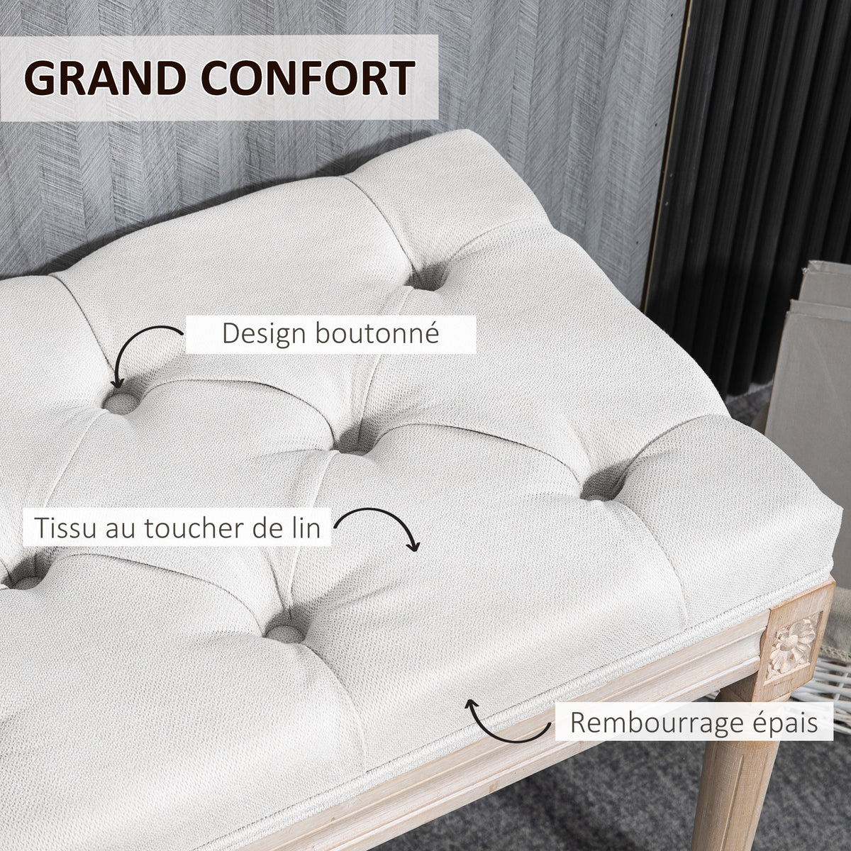 Banc bout de lit banquette capitonnée style vintage français revêtement tissu aspect lin pieds en bois massif crème-3