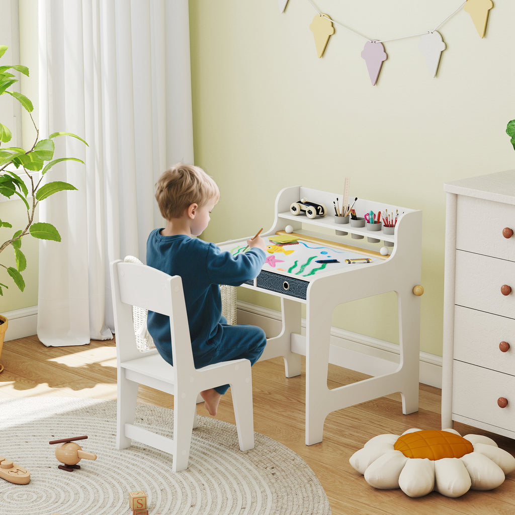 Bureau enfant avec chaise, table enfant et chaise avec 2 tiroirs en tissu et porte-gobelet, 62,8x55,6x73,8cm, blanc-1