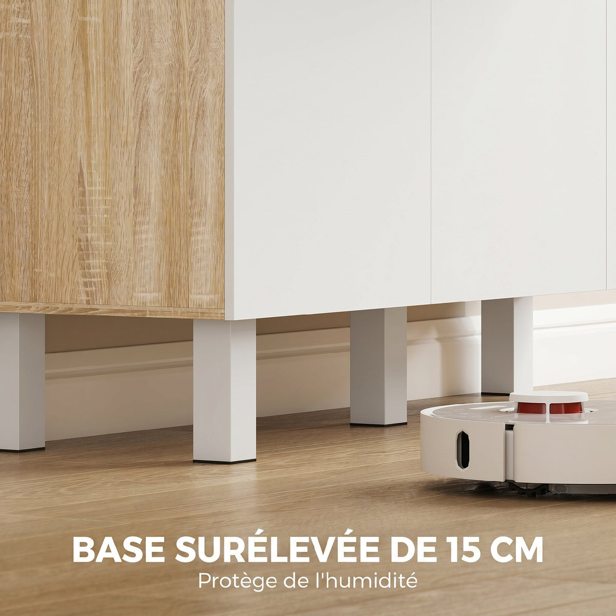 Buffet haut cuisine, armoire de cuisine, 6 portes, tiroir et étagères ouvertes, 120x40x175cm, blanc et bois naturel-5