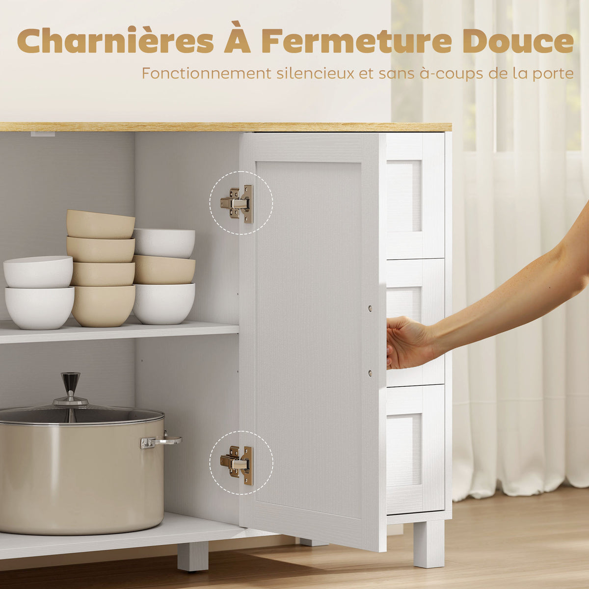 Buffet salon, meuble de rangement, double porte à fermeture amortie, 3 tiroirs et étagère réglable, 120x38x76cm, blanc-5