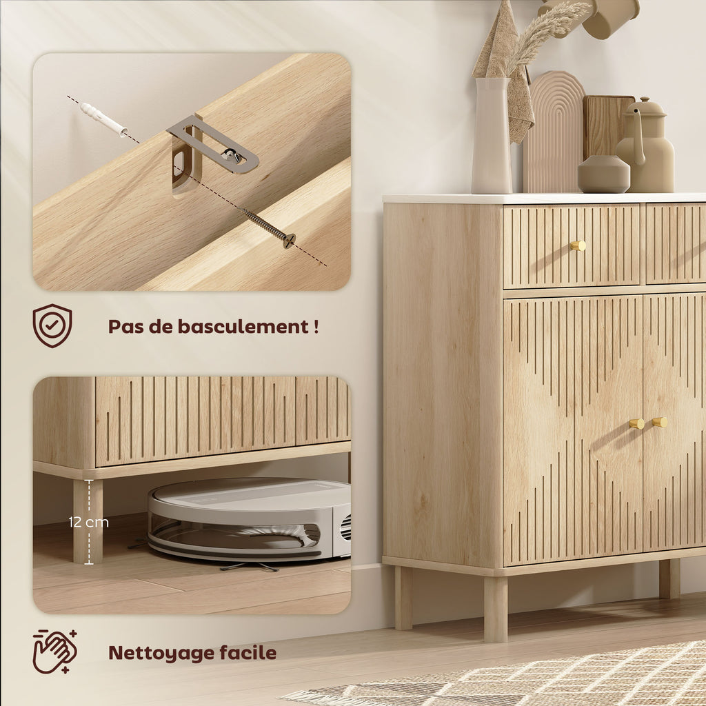 Buffet, meuble de rangement cannelé avec plateau effet marbre, 2 tiroirs, 2 portes, étagère réglable, 77x30x80cm, chêne-6