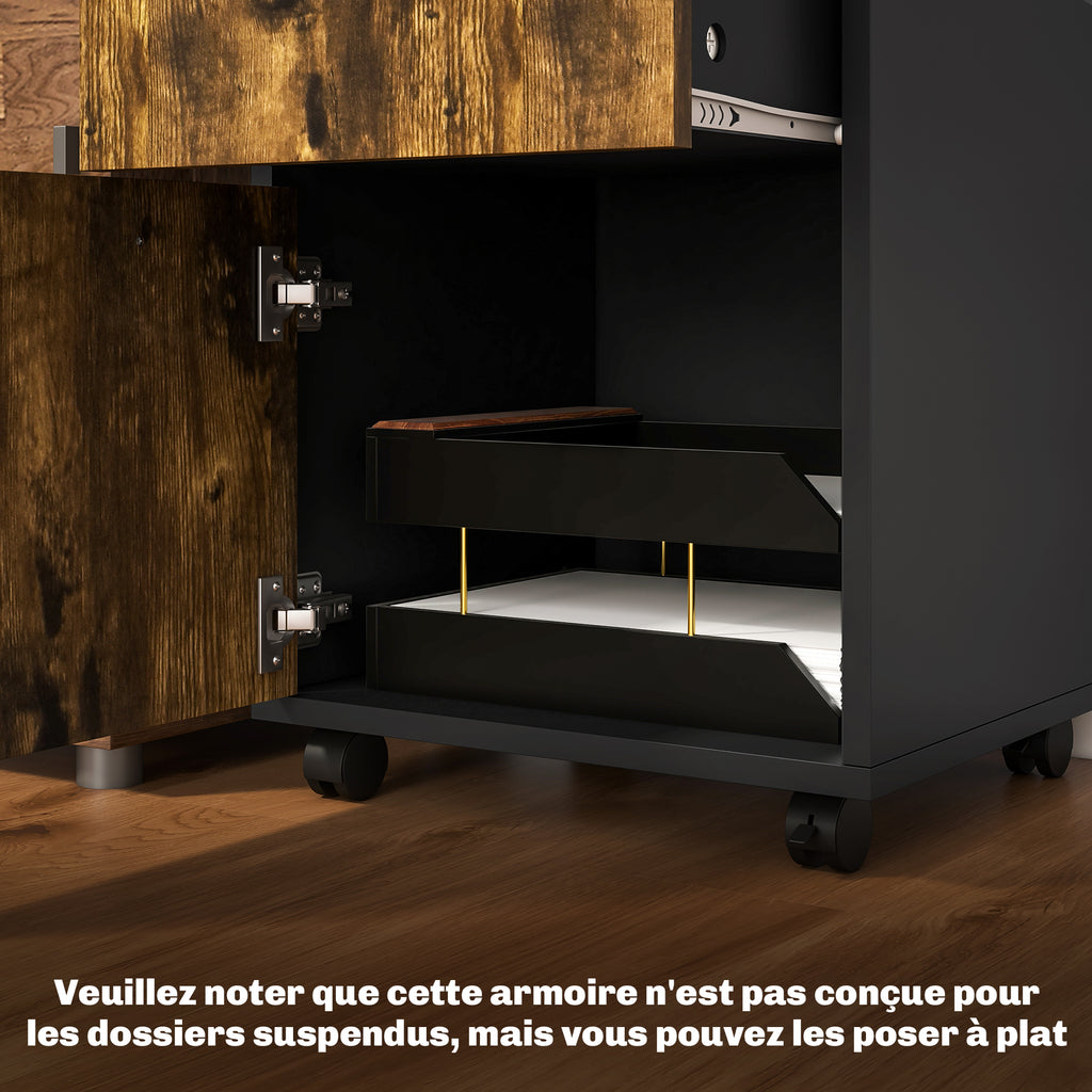 Caisson de bureau à roulettes avec tiroir placard niche pour documents et dossier suspendu 40 x 35 x 60 cm brun rustique-6