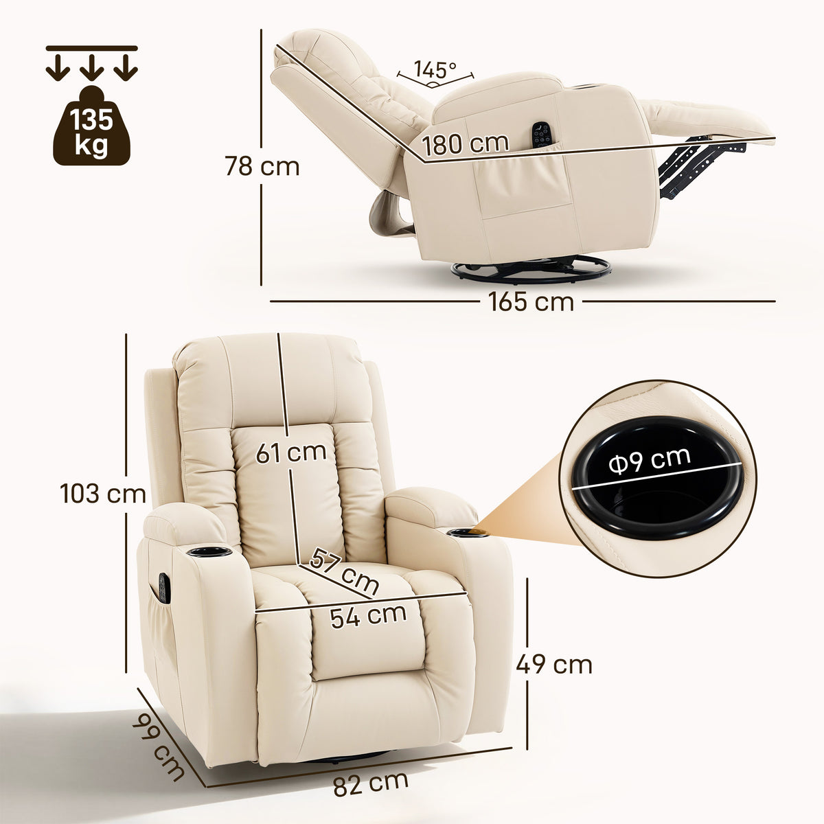 Fauteuil inclinable de massage et chauffage, fauteuil de relaxation, dossier réglable, pivotant 360°, 82x99x103cm, crème-2